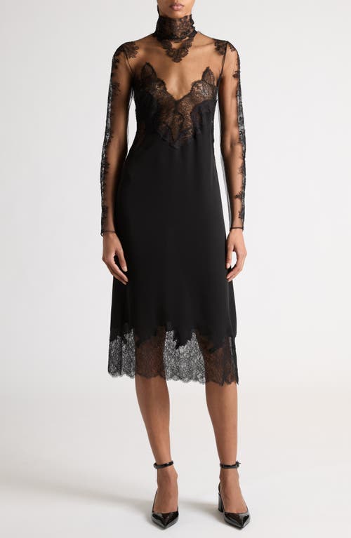 Shop Valentino Garavani Sheer Floral Lace Inset Long Sleeve Midi Dress In Nero