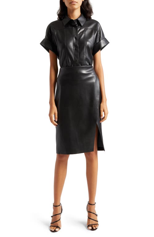 Alice + Olivia Edyth Faux Leather Snap-Up Shirt in Black at Nordstrom, Size X-Small