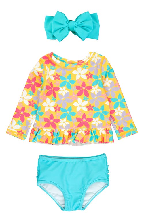 RuffleButts Endless Summer Two-Piece Rashguard Swimsuit & Headband Set in Yellow 