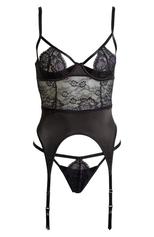 Shop Oh La La Cheri Demi Underwire Basque & Thong Set In Black/heliotrope