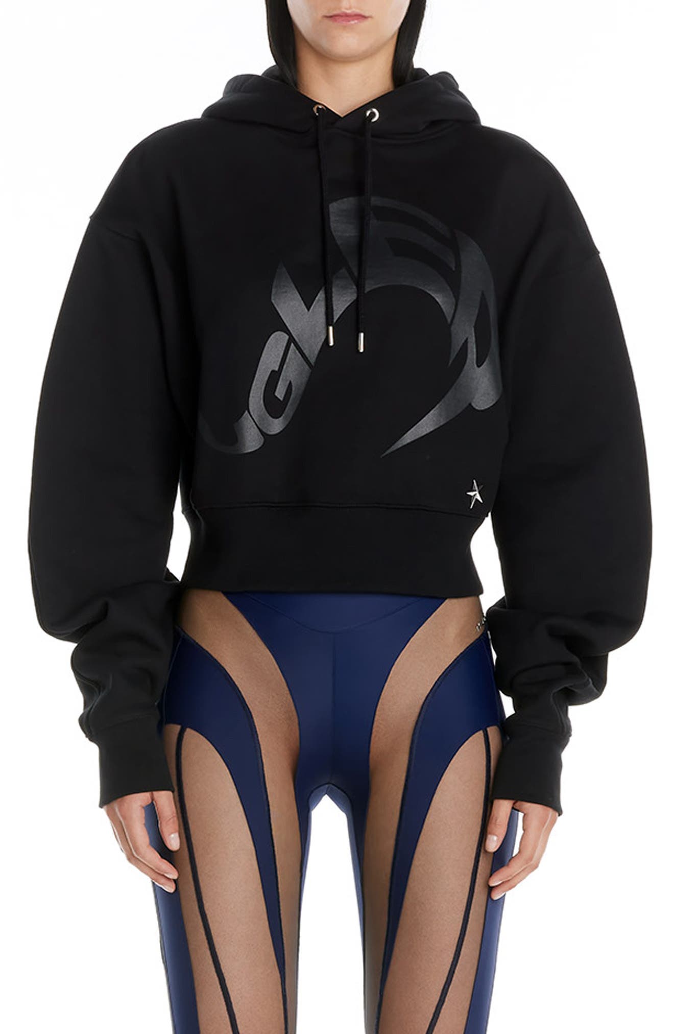 MUGLER Logo Crop Cotton Hoodie in Black at Nordstrom, Size Small