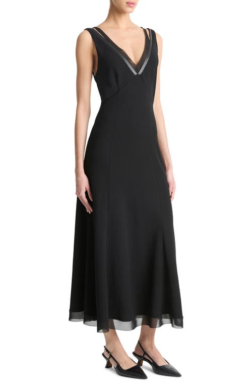 Shop Vince Faux Leather Trim Chiffon Dress In Black