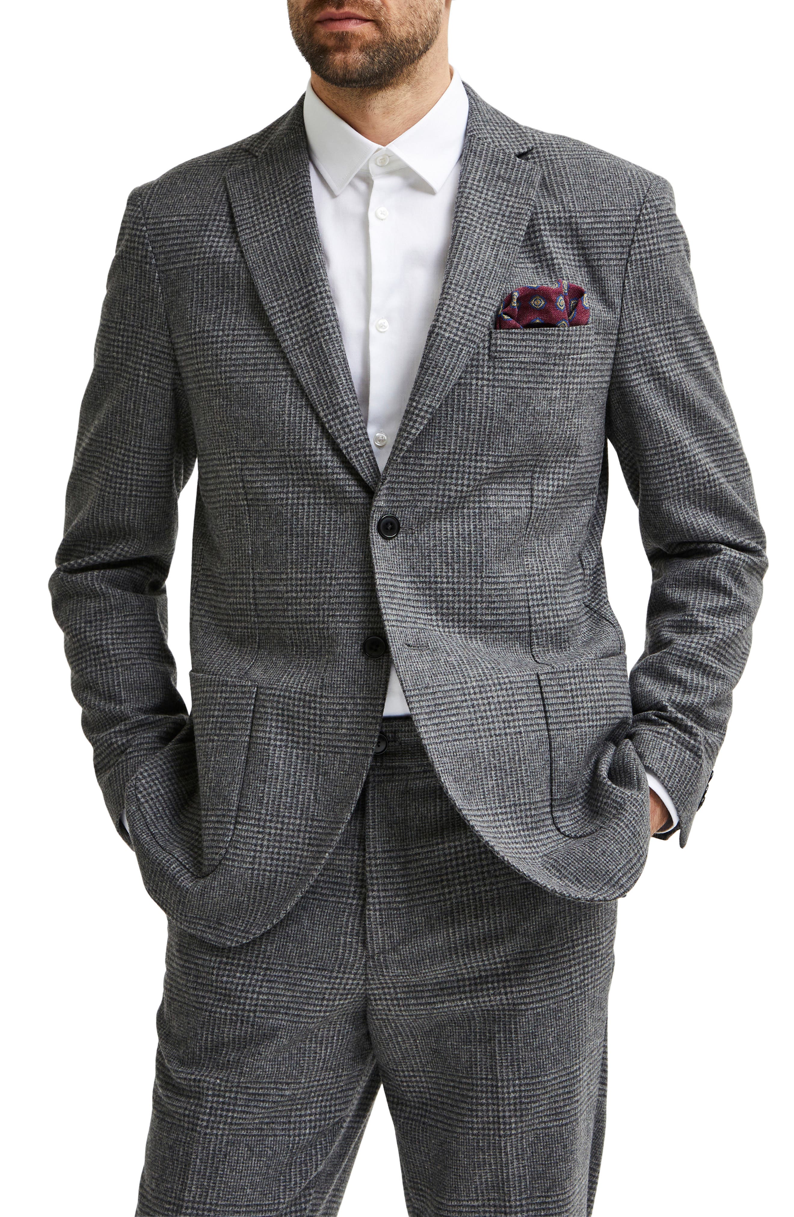 Selected Homme Wes Slim Fit Plaid Wool Blend Sport Coat in Grey at Nordstrom