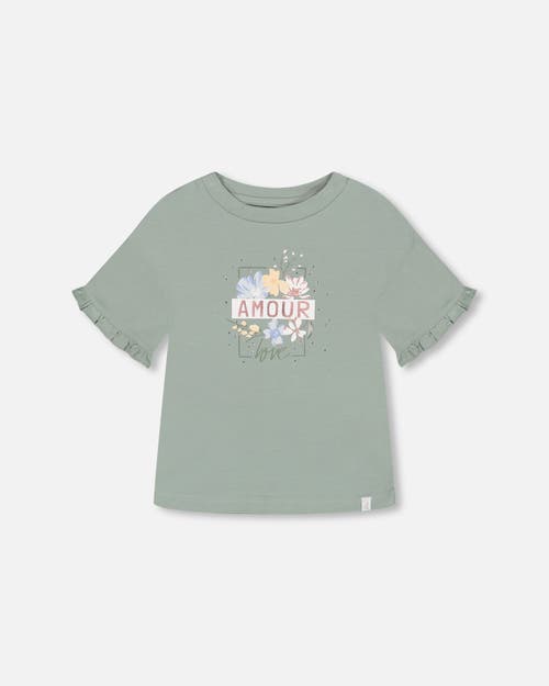 Deux Par Deux Girl's Organic Cotton Top With Print And Frills Olive Green at Nordstrom
