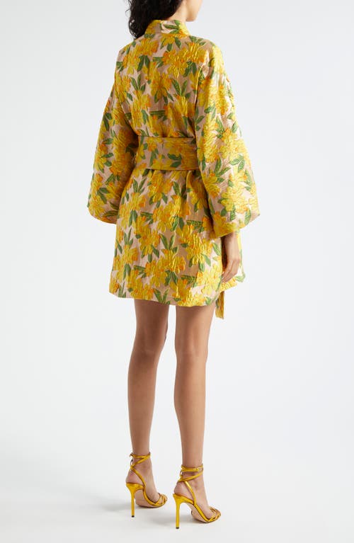 Shop La Vie Style House Floral Brocade Long Sleeve Cover-up Wrap Minidress In Yellow Gold Multi