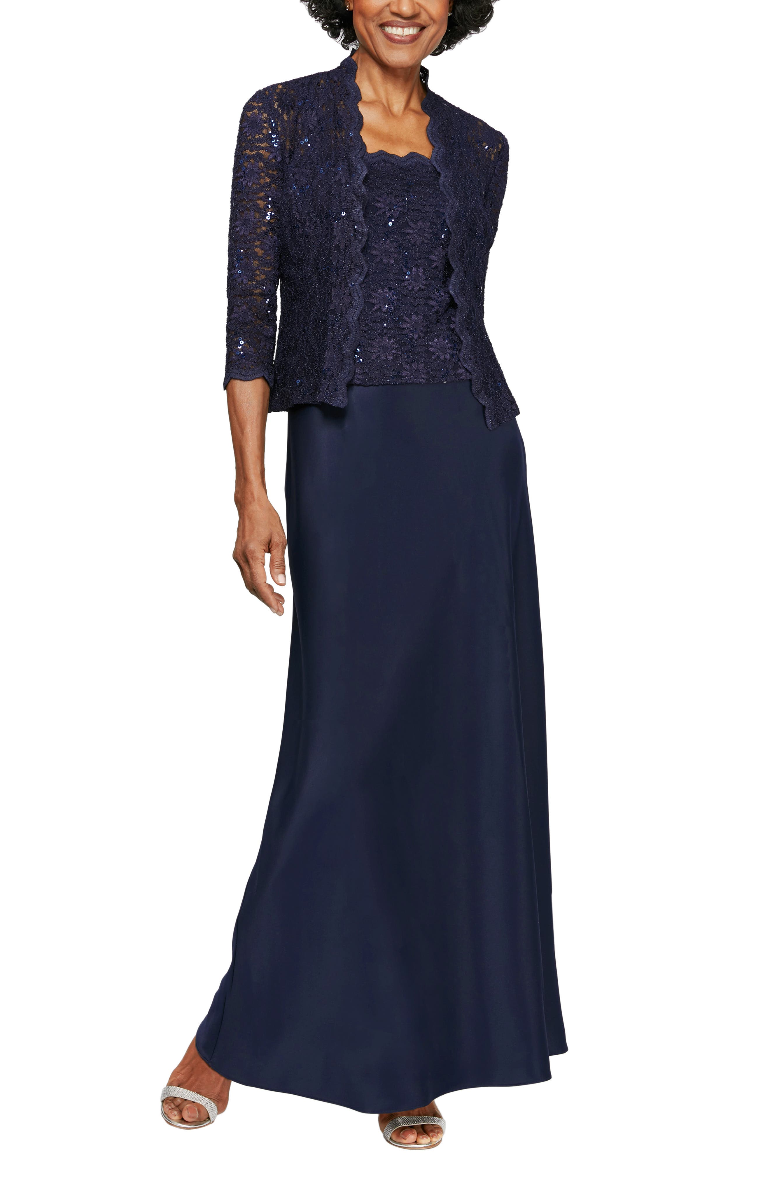 Alex Evenings Sequin Lace & Satin Gown With Jacket In Midnight
