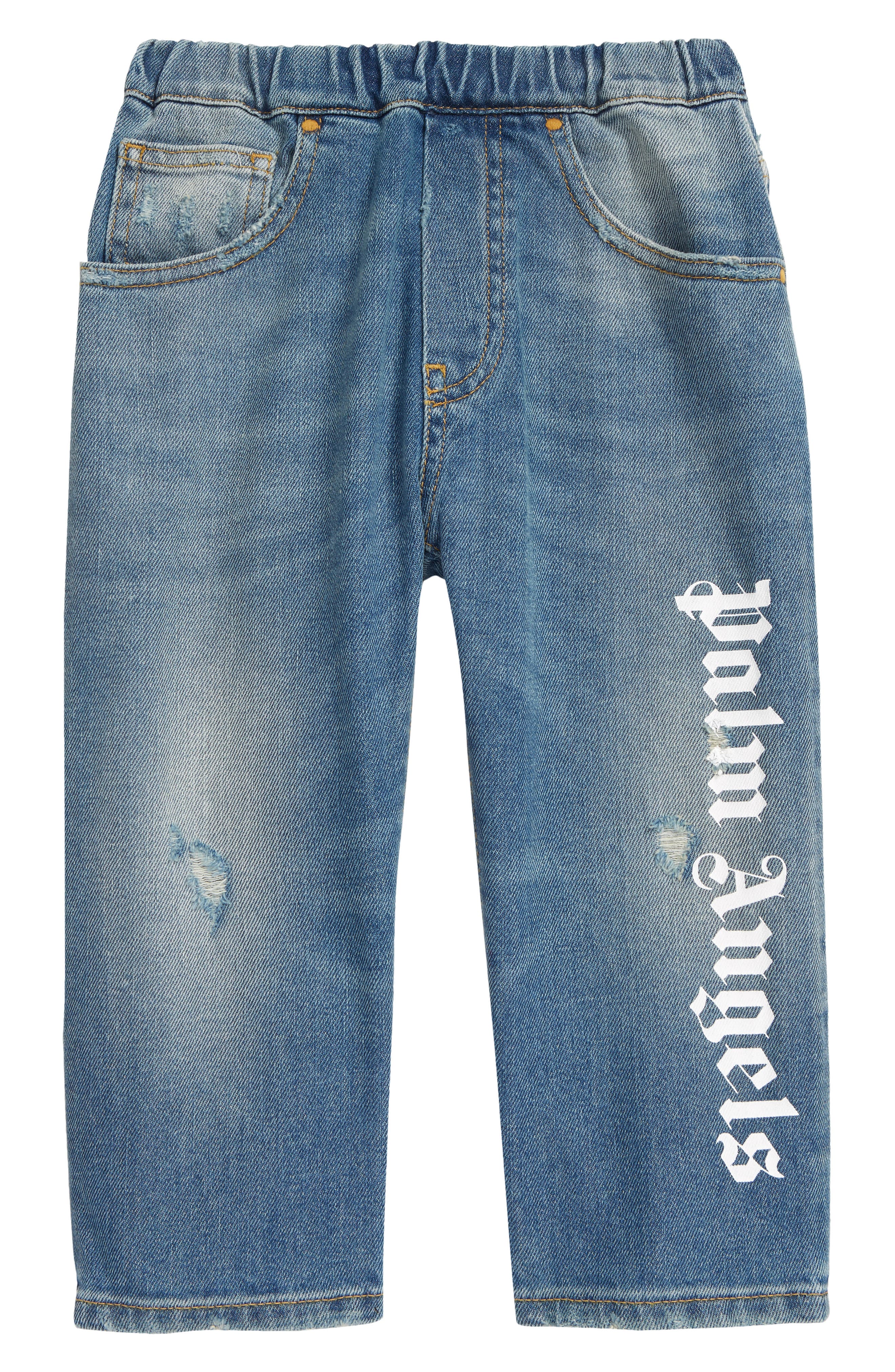 Palm Angels Kids' Logo Stretch Cotton Jeans in Blue White at Nordstrom, Size 12Y Us