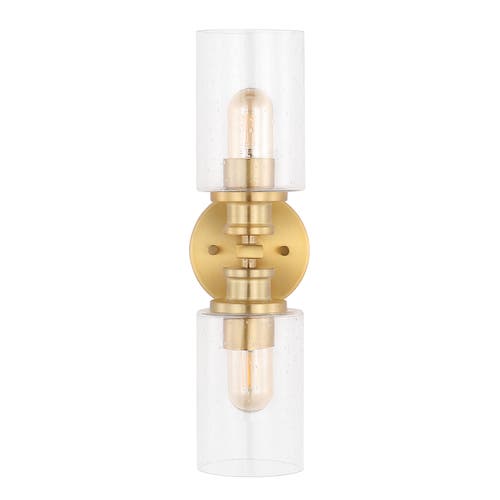 Jonathan Y Jules Cylinder 2-light Iron/seeded Glass Farmhouse Contemporary Led Wall Sconce In Brass Gold