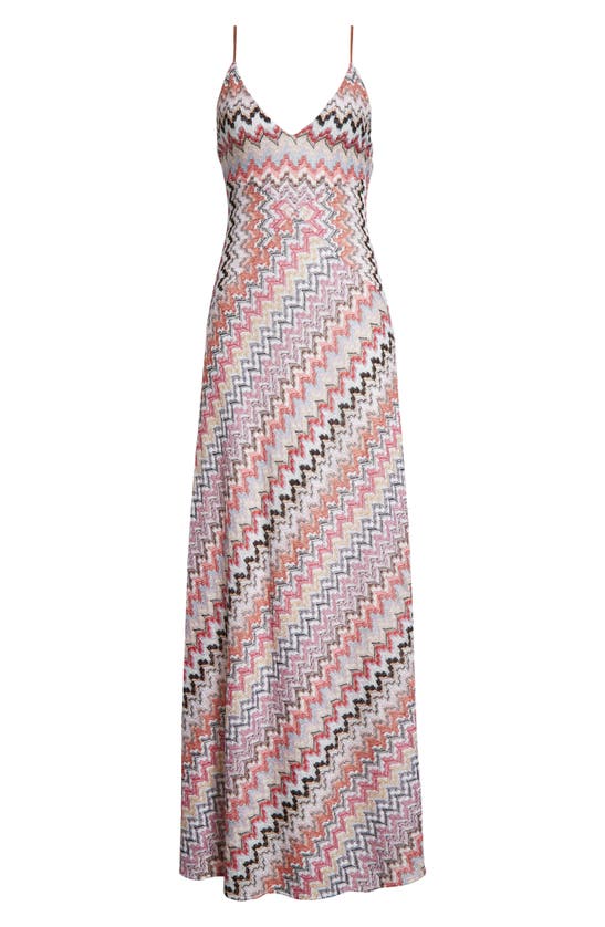 Shop Missoni Chevron Metallic Knit Maxi Dress In Pink And White Tones Multi