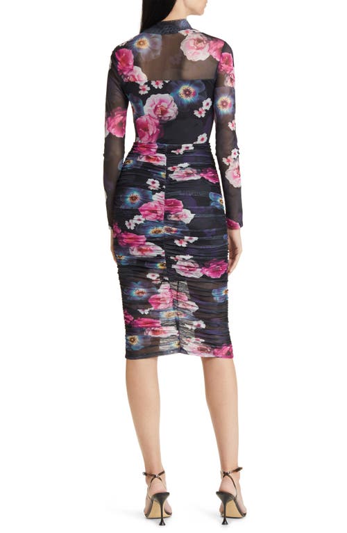 Shop Bebe Floral Ruched Mesh Long Sleeve Midi Dress In Blue/green