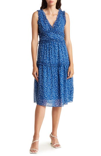 Tash And Sophie Floral Chiffon Dress In Blue/white