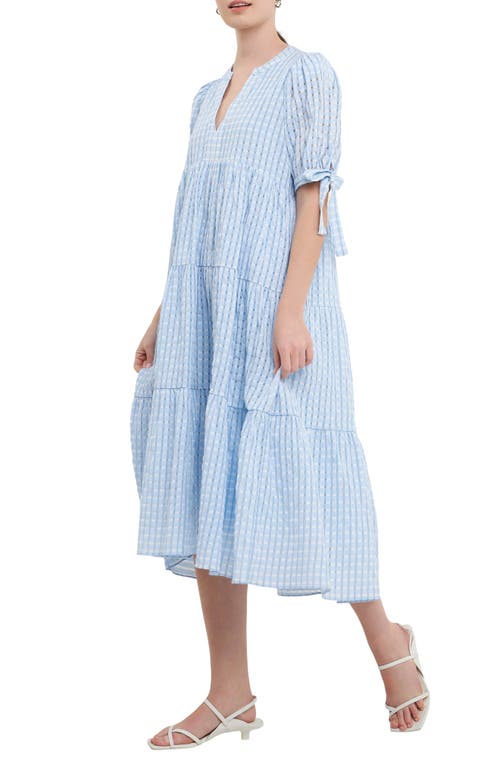 Shop English Factory Gingham Tiered Midi Dress In Ocean Blue