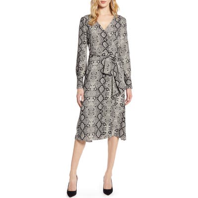 Petite Halogen Long Sleeve Wrap Midi Dress, Grey
