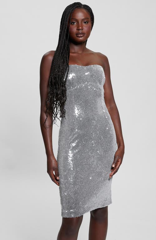 Guess Jamie Sequin Strapless Sheath Dress In Silver