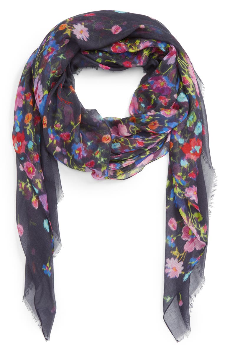 OSCAR DE LA RENTA Floral Print Modal & Cashmere Scarf, Main, color, NAVY