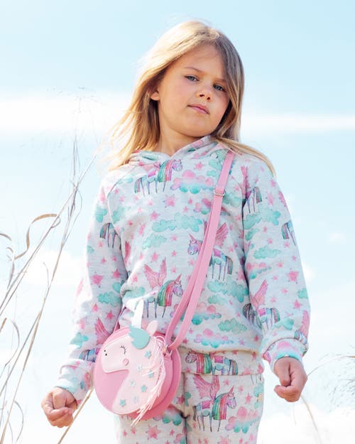 Shop Deux Par Deux Girl's Printed Shiny French Terry Hoodie Gray Mix Printed Unicorn In Printed Angel Unicorns