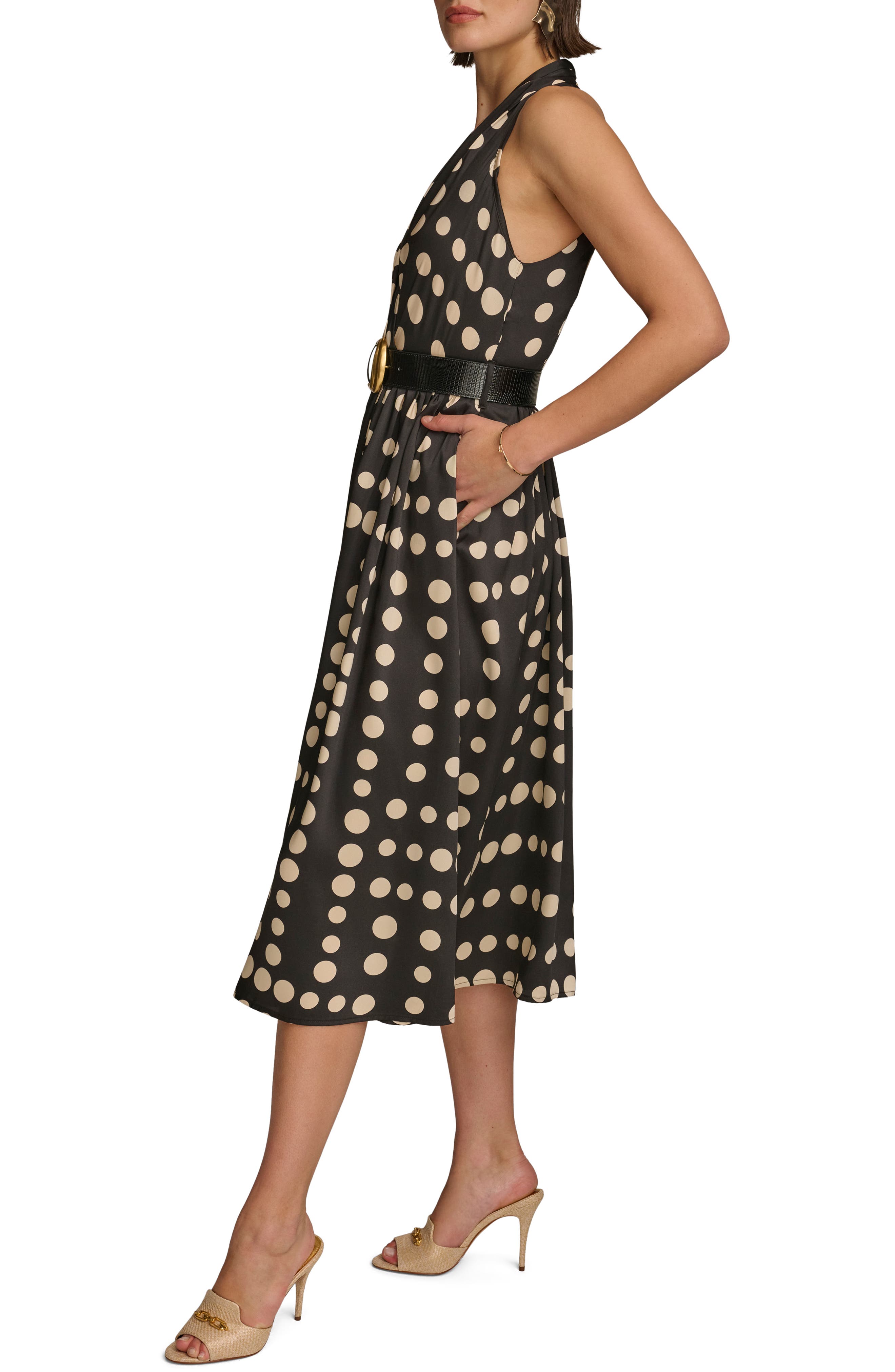 Donna Karan New York Polka Dot Belted Midi Dress in Black/Canvas | Smart  Closet
