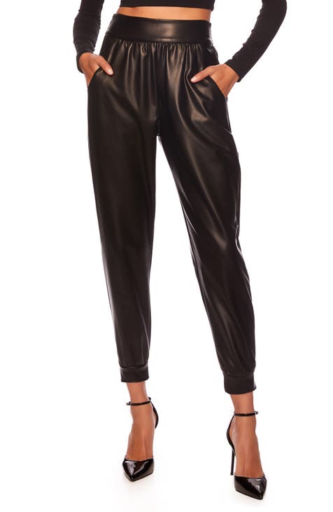 Women's Faux Leather Joggers With Drawstring Waist Black –