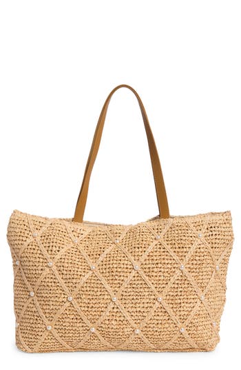 Collection Xiix Imitation Pearl Bead Straw Tote Bag In Brown