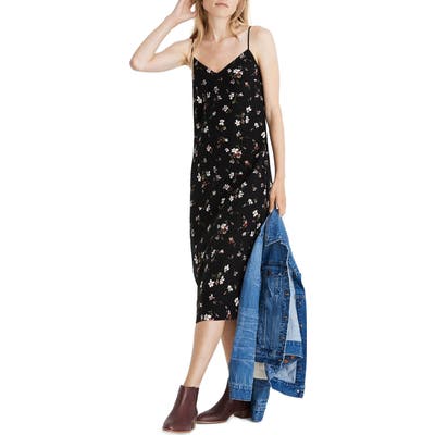 Madewell Backyard Blooms Side Slit Silk Slipdress, Black