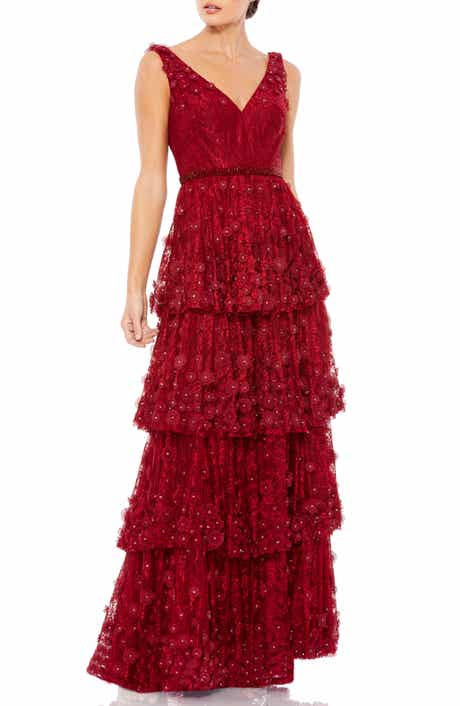 Mac Duggal Feather V-Neck Lace A-Line Gown | Nordstrom