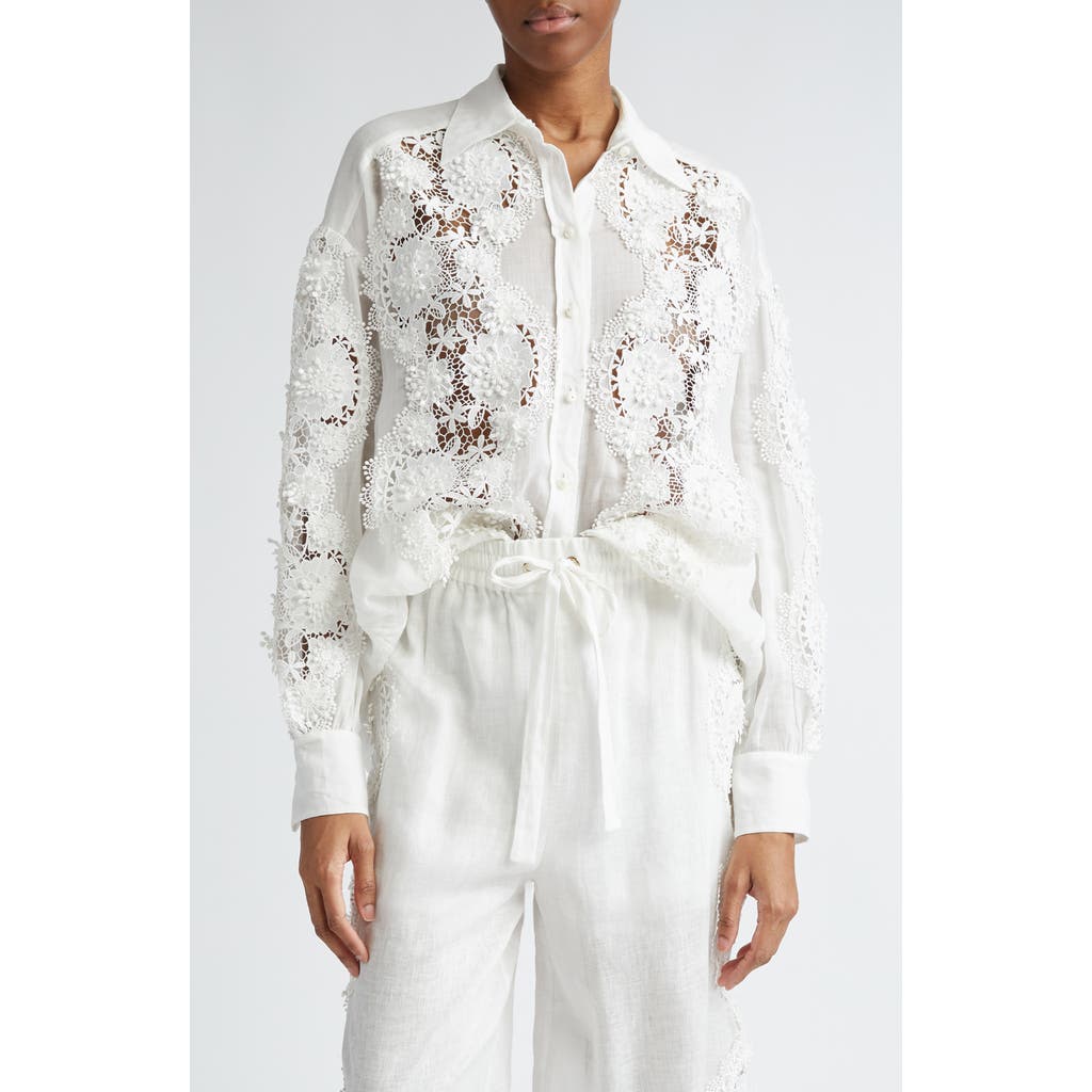 Zimmermann Halliday Floral Lace Semisheer Ramie Button-up Shirt In Ivory