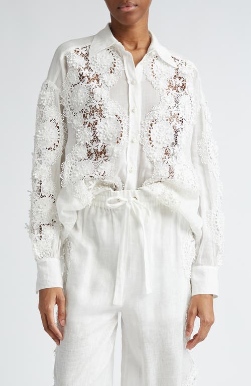 Shop Zimmermann Halliday Floral Lace Semisheer Ramie Button-up Shirt In Ivory