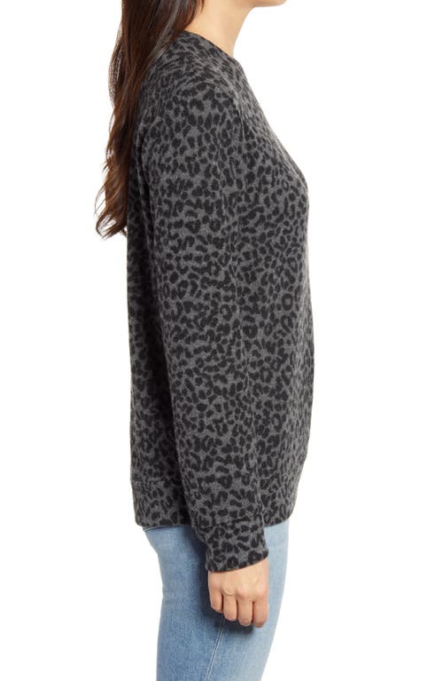 Loveappella Brushed Leopard Print Long Sleeve Crewneck Top In Gray/black
