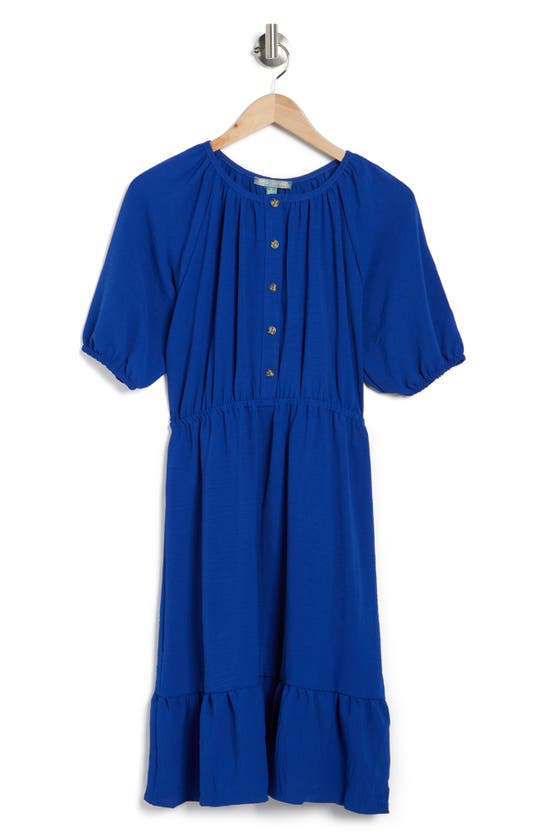 Good Luck Gem Shirred Puff Sleeve Button Front Placket Midi Dress In Royal