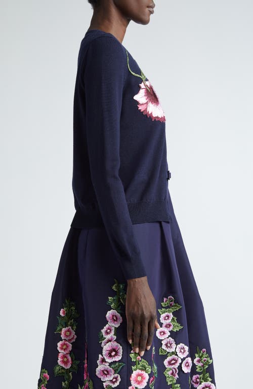 Shop Oscar De La Renta Embroidered Poppy Wool Cardigan In Navy/pink