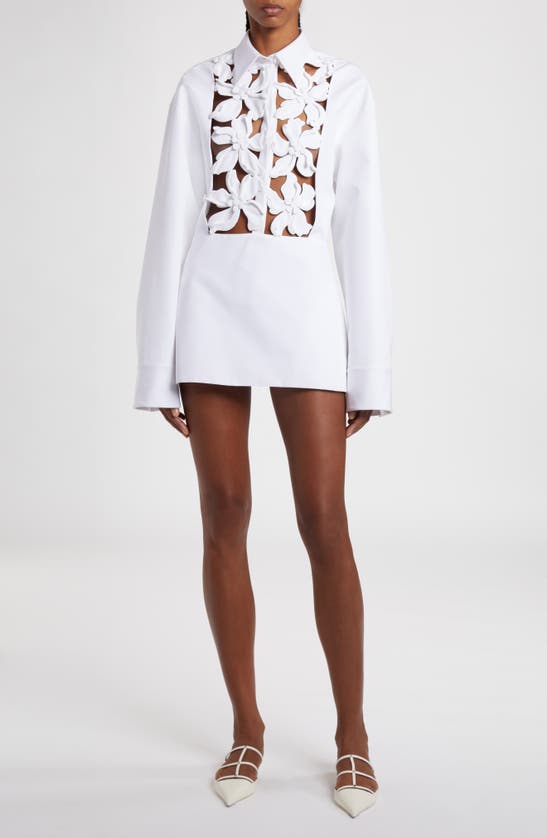 Valentino Floral Appliqué Long Sleeve Cotton Poplin Mini Shirtdress In Bianco