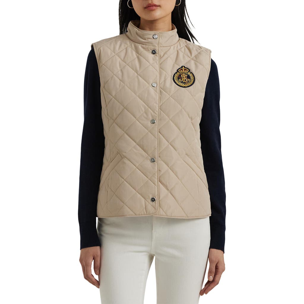 Shop Ralph Lauren Lauren Crest Detail Quilted Vest In Birch Tan