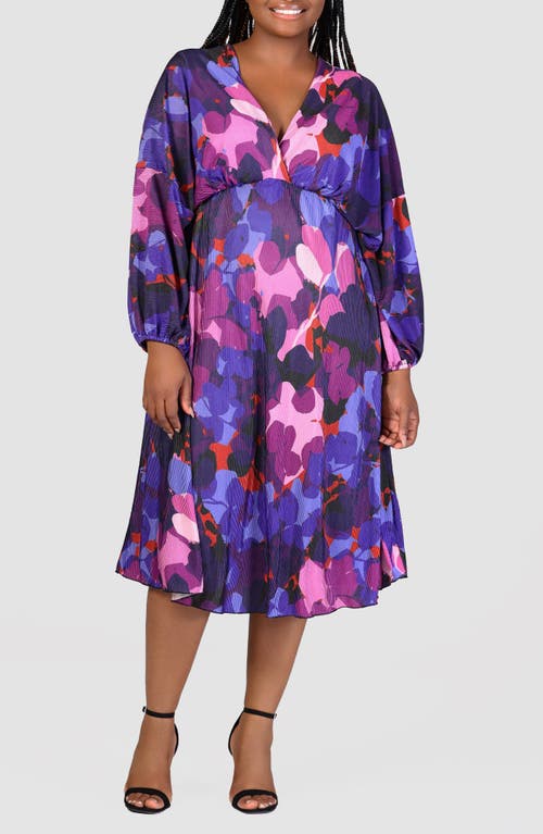 24seven Comfort Apparel Print Long Sleeve Pleat Fit & Flare Dress In Purple Multi