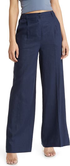 Navy Blue Trousers - Linen Pants - Woven Linen-Blend Pants - Lulus