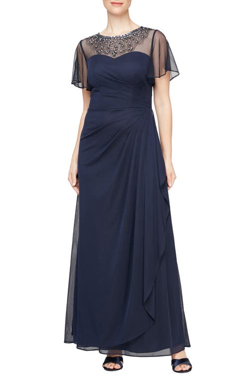 Alex Evenings Beaded Illusion Neck Flutter Sleeve A-Line Gown in Dark Navy at Nordstrom, Size 10
