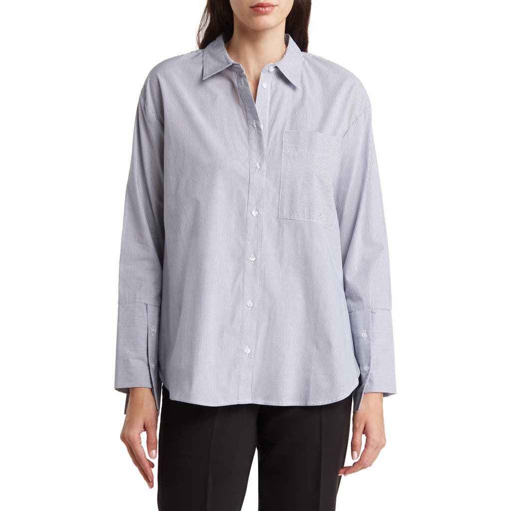 Laundry By Shelli Segal Long Sleeve Cotton Poplin Button-up Shirt In Navy/white Stripe