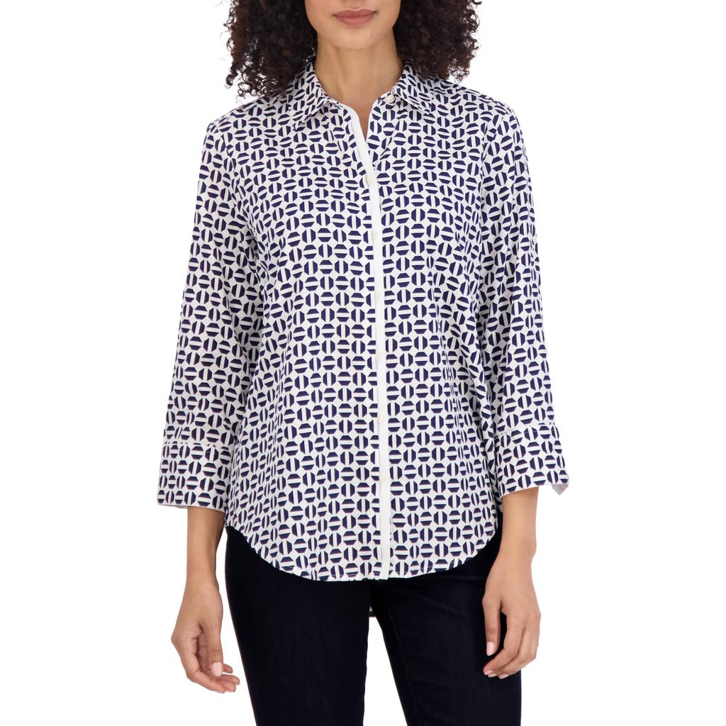 Foxcroft Charlie Geometric Print Cotton Button-up Shirt In White/navy