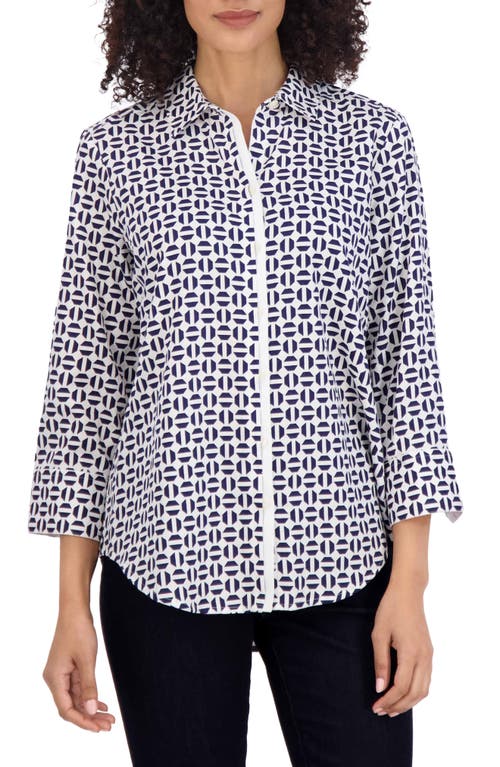 Foxcroft Charlie Geometric Print Cotton Button-Up Shirt White/Navy at Nordstrom