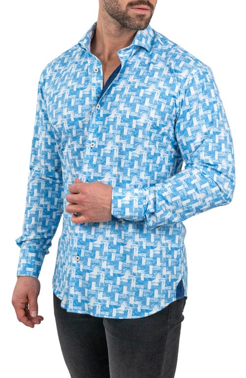 Maceoo Einstein Wood Waves Print Stretch Button-up Shirt In Blue