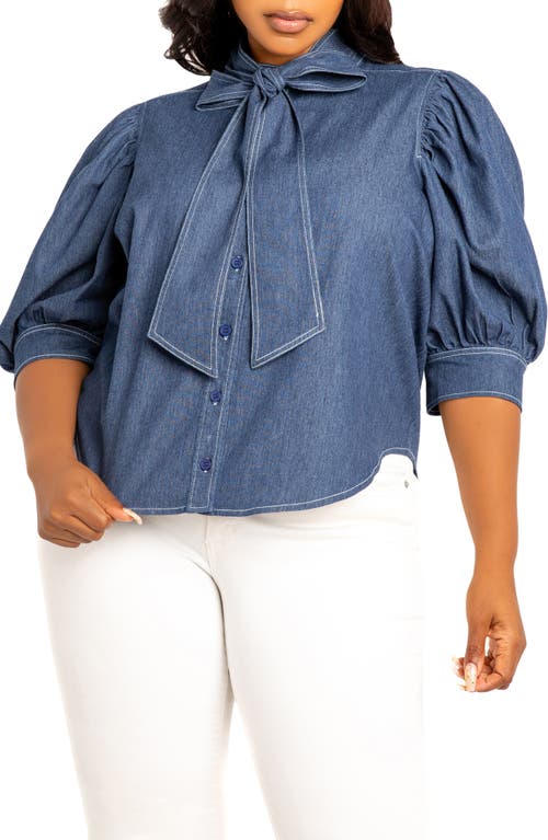 Shop Buxom Couture Bow Neck Denim Shirt In Denim Blue