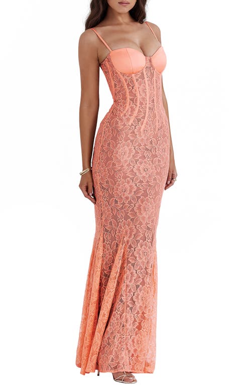 Shop House Of Cb Cordelia Lace Corset Mermaid Gown In Papaya Punch