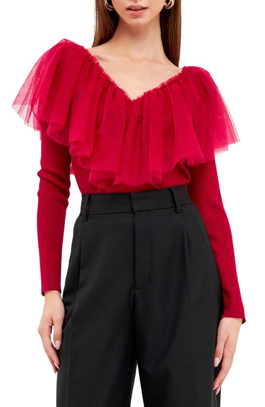 ENDLESS ROSE ENDLESS ROSE RUFFLE MESH MIXED MEDIA TOP