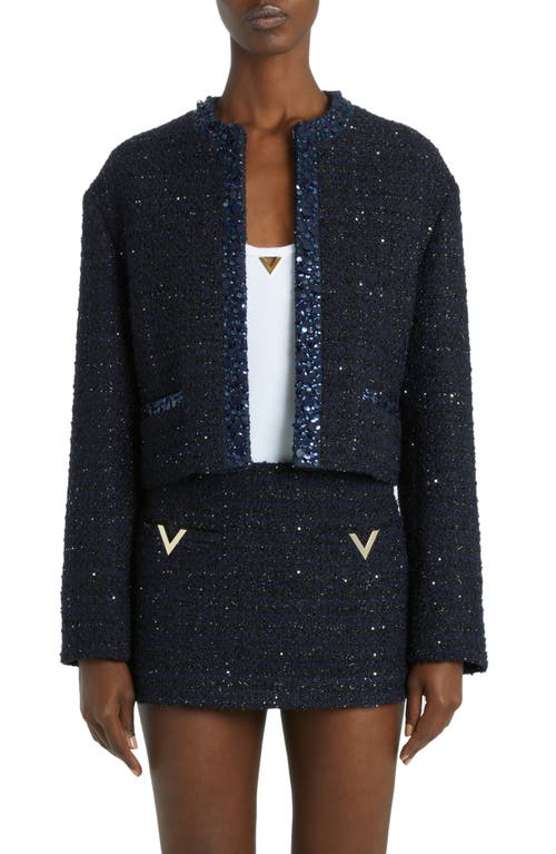 Shop Valentino Garavani Sequin Metallic Tweed Jacket In Navy Lurex/navy