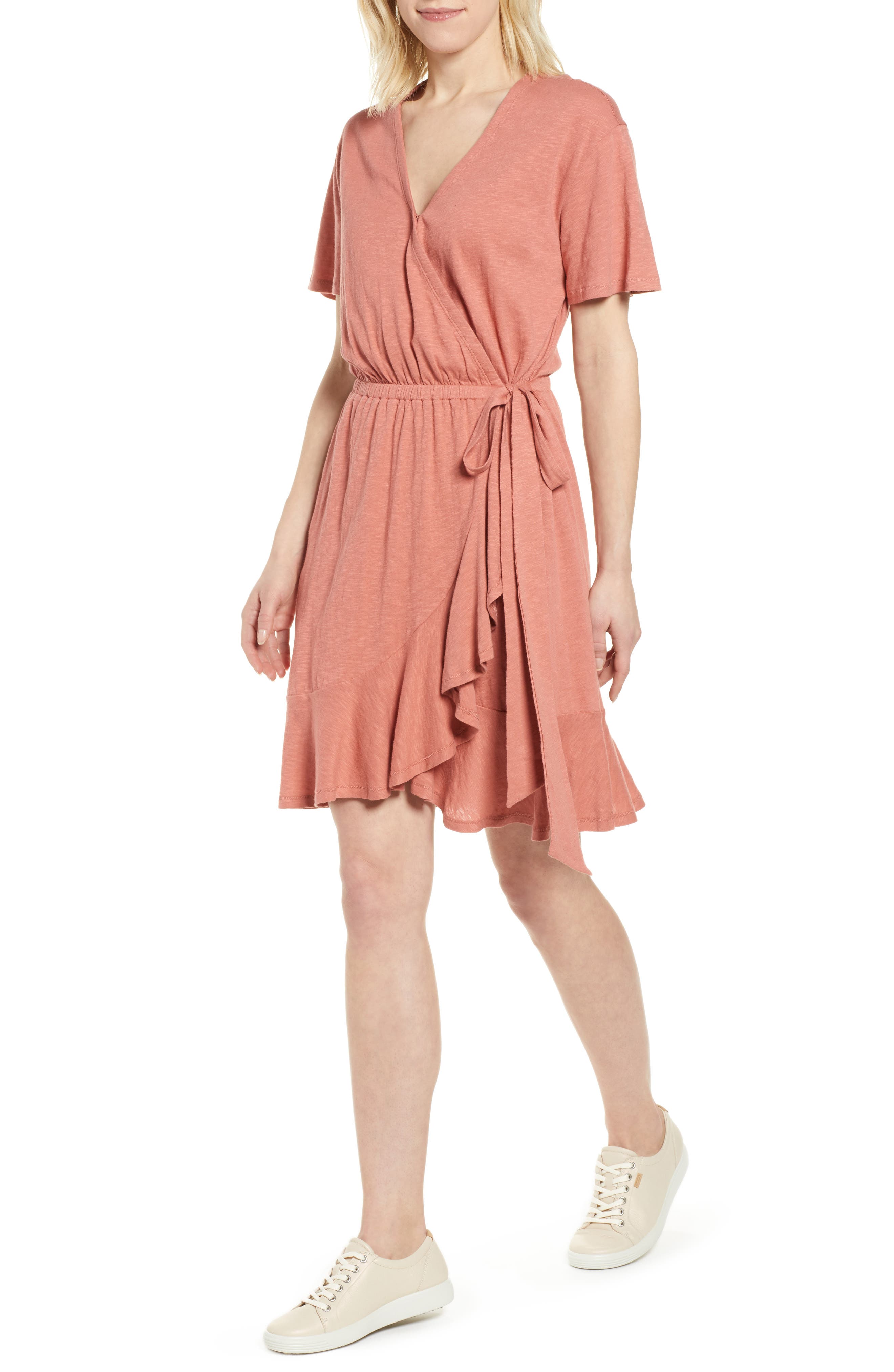 Petite Caslon Asymmetrical Hem Faux Wrap Dress, Pink