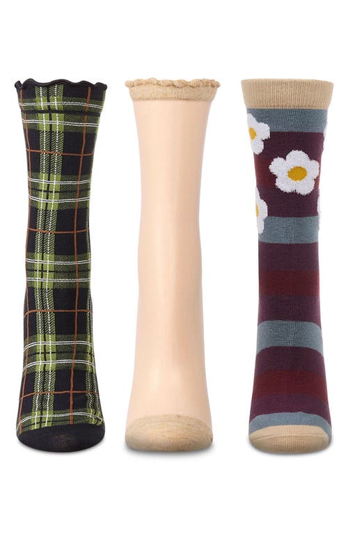 Memoi Assorted 3-pack Crew Socks In Beige