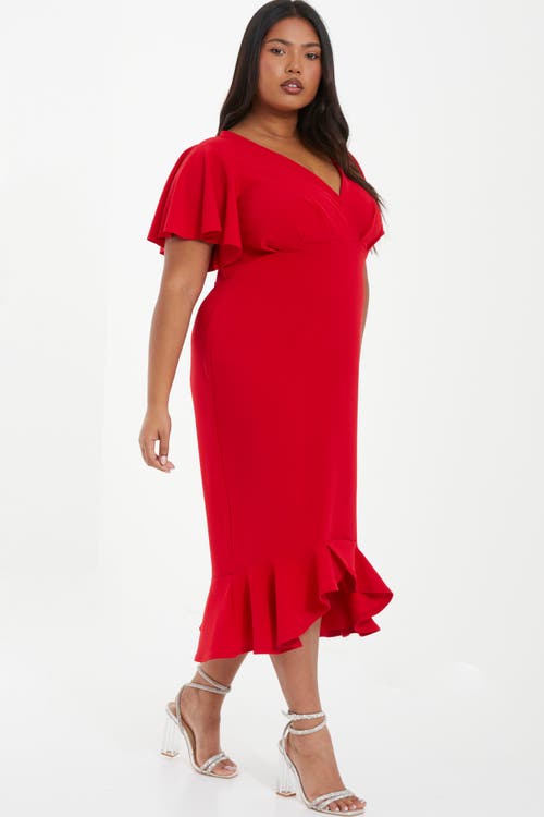 Shop Quiz V-neck Frill Hem Midi Dress In Red