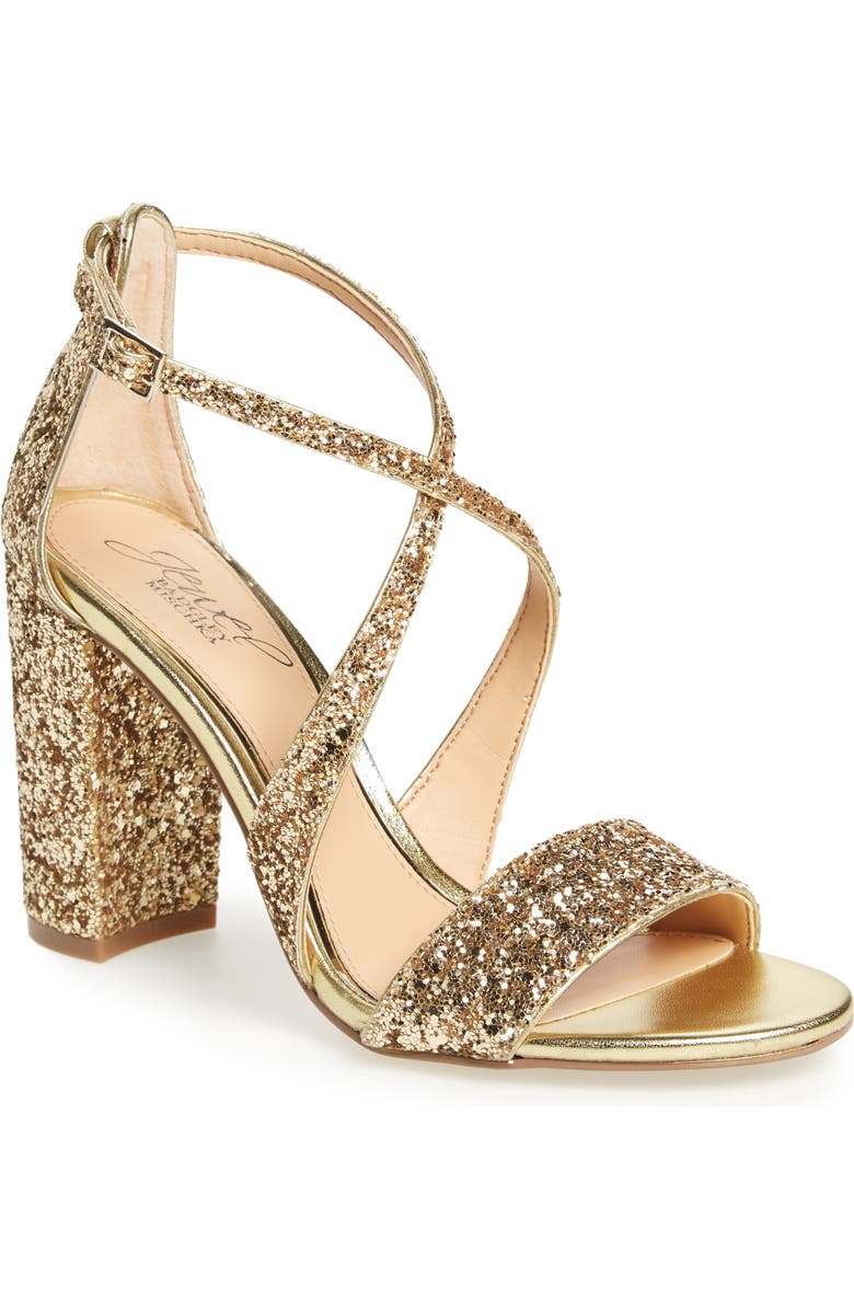 Jewel Badgley Mischka Cook Block Heel Glitter Sandal, Main, color, Gold Leather