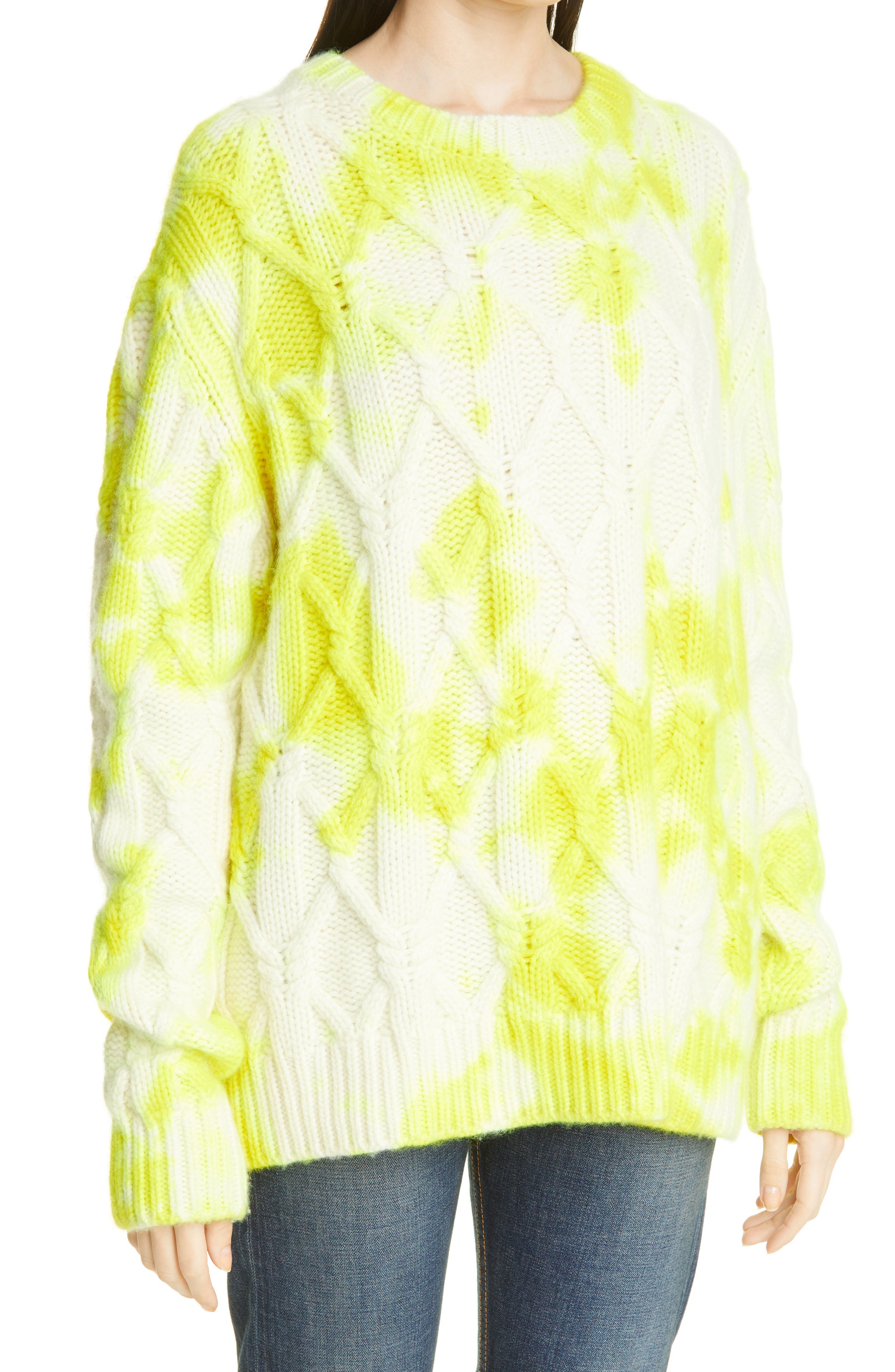 The Elder Statesman Hot Tie Dye Chunky Cable Knit Cashmere Sweater in Ivory W/Limon at Nordstrom, Size Medium