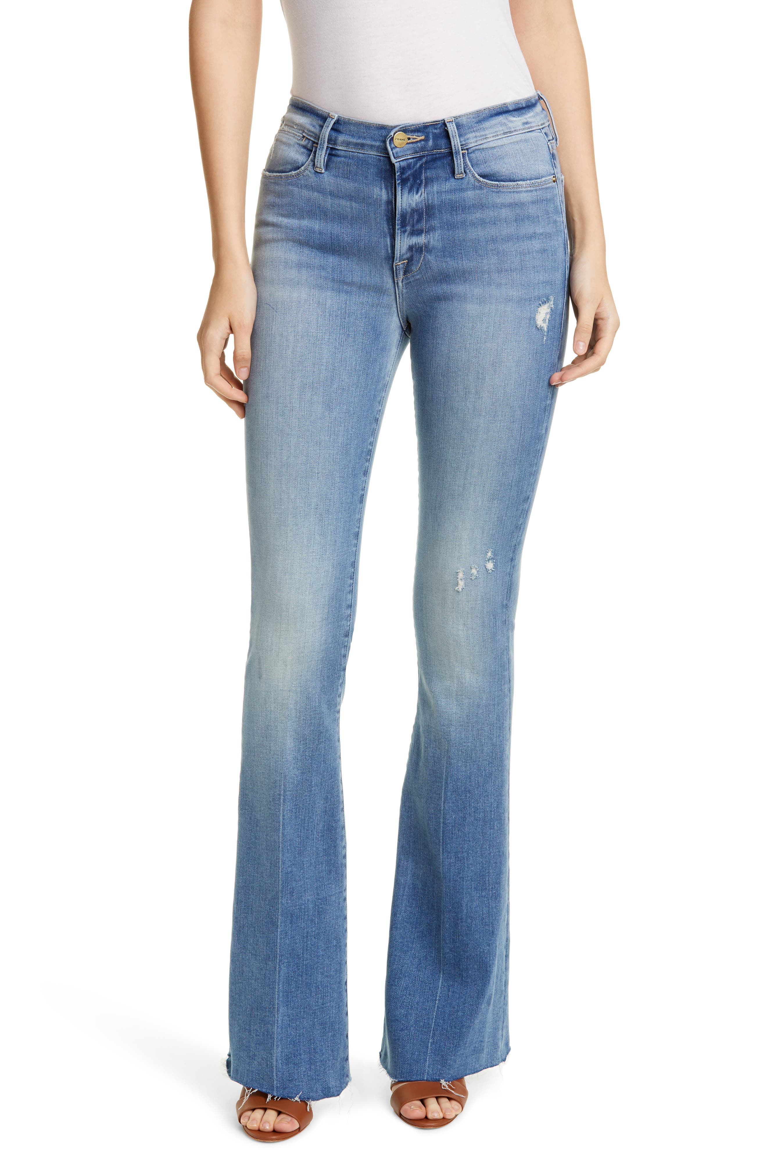 raw hem flare leg jeans