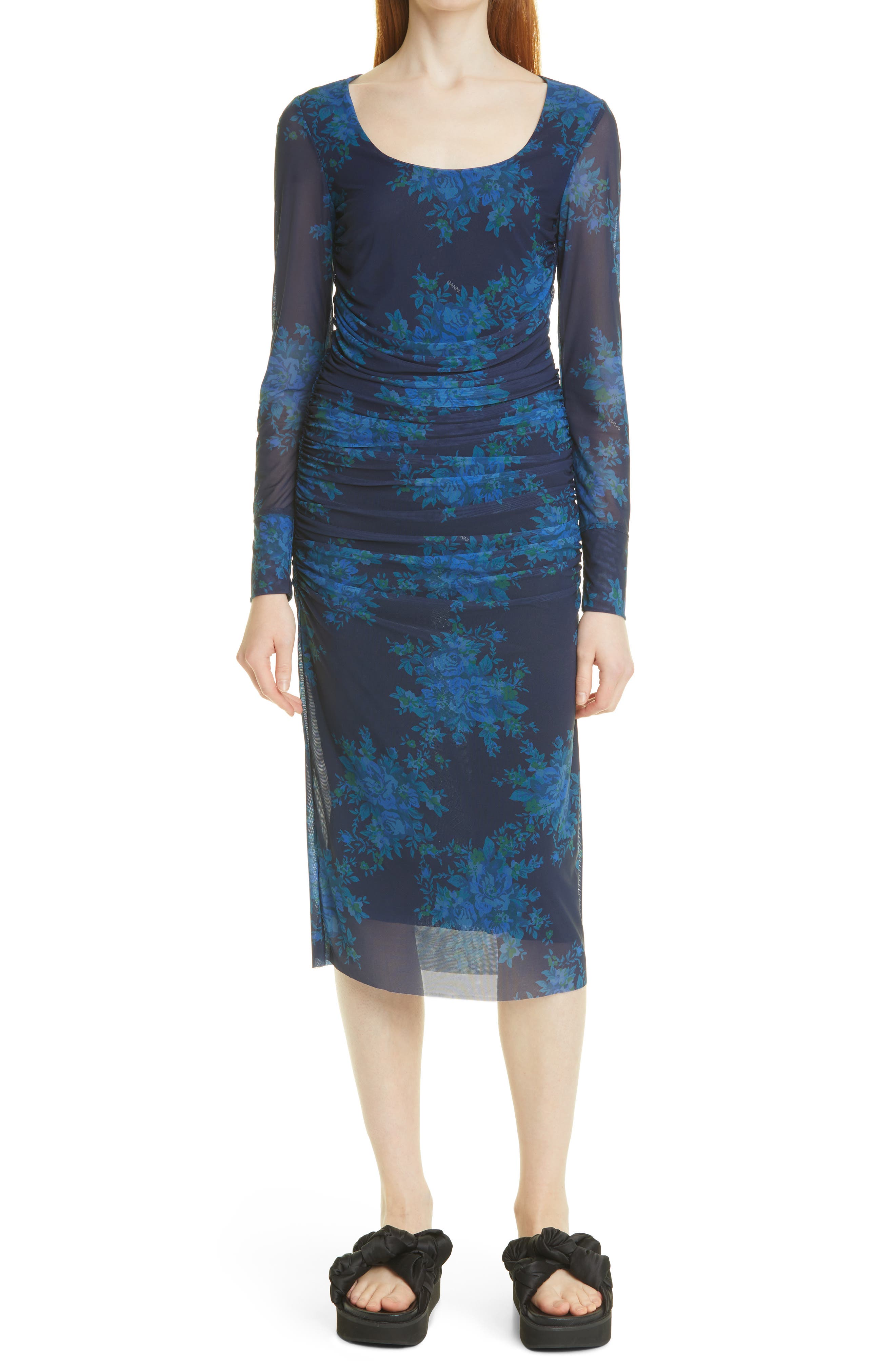 Ganni Floral Ruched Long Sleeve Dress in Sky Captain at Nordstrom, Size 2 Us